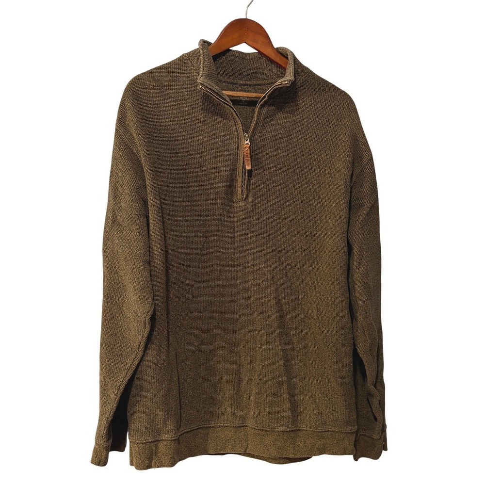 Woolrich Men XL Quarter Zip Sweater Olive Brown Waffle Knit Cotton Pullover 8090